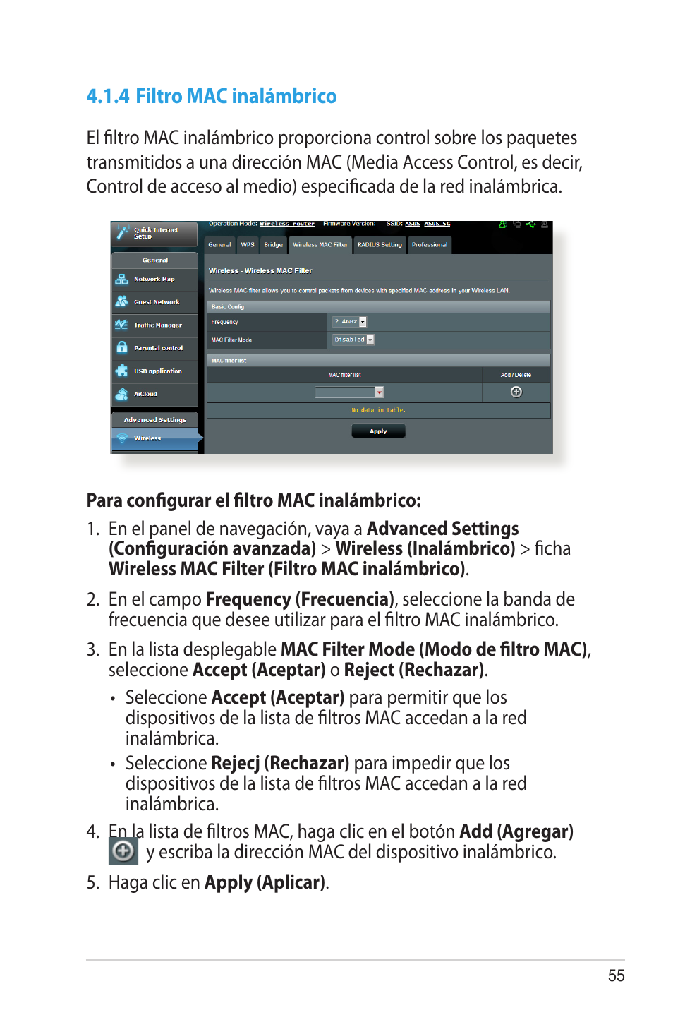 4 filtro mac inalámbrico | Asus RT-AC68U User Manual | Page 55 / 128