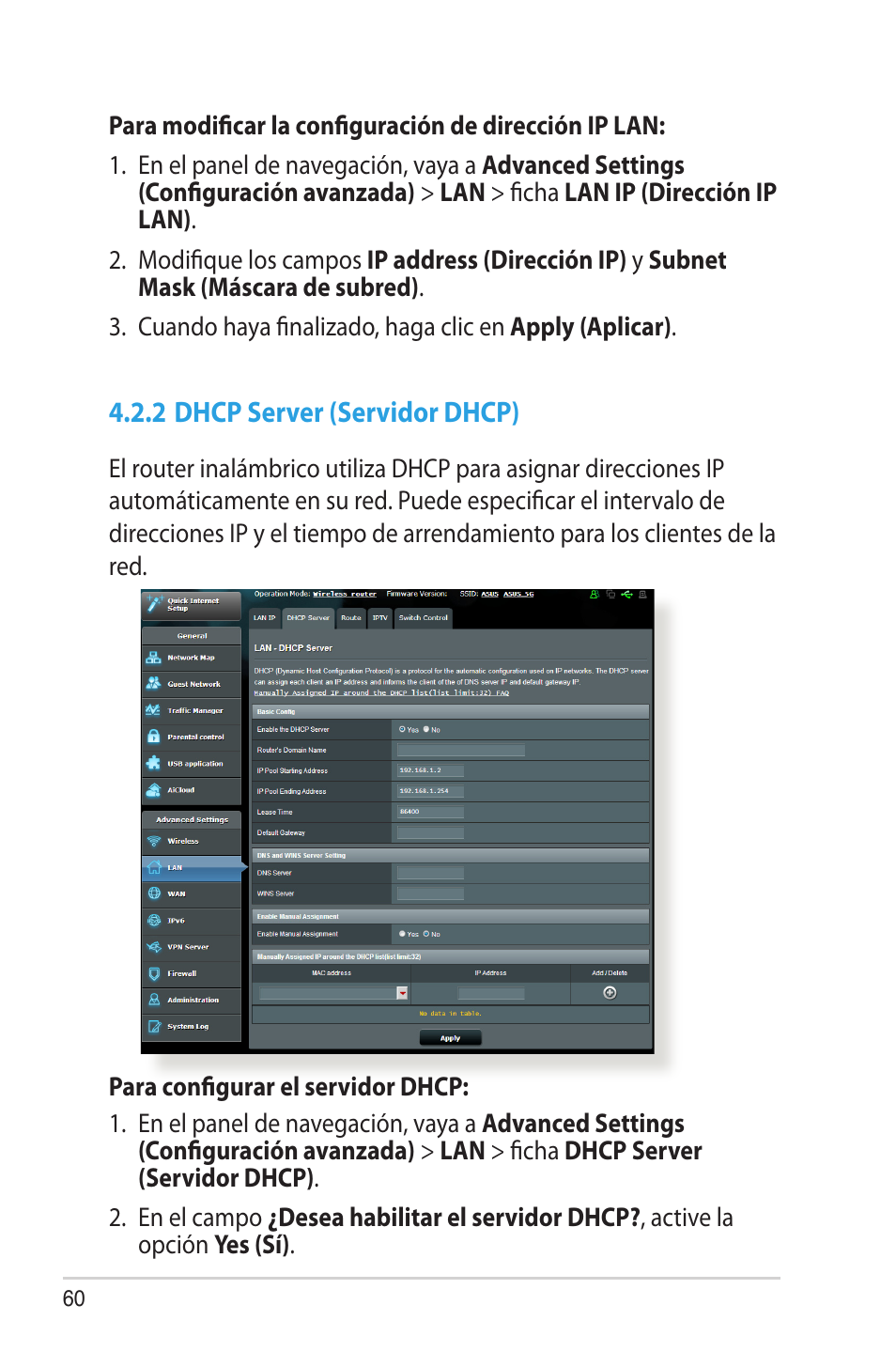 2 dhcp server (servidor dhcp) | Asus RT-AC68U User Manual | Page 60 / 128