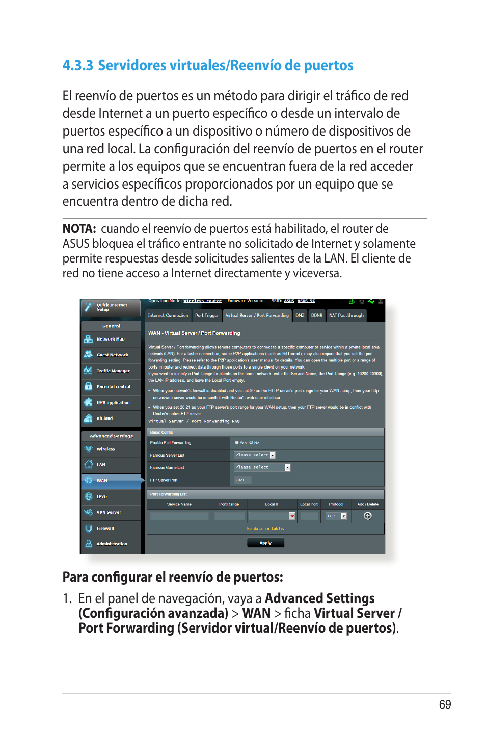 3 servidores virtuales/reenvío de puertos | Asus RT-AC68U User Manual | Page 69 / 128