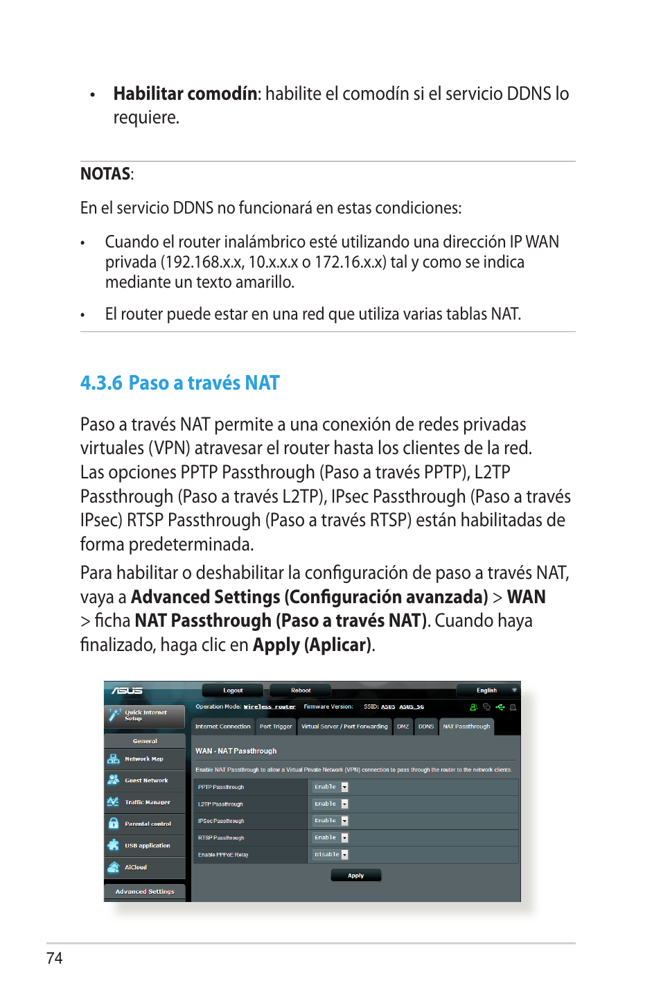 6 paso a través nat | Asus RT-AC68U User Manual | Page 74 / 128