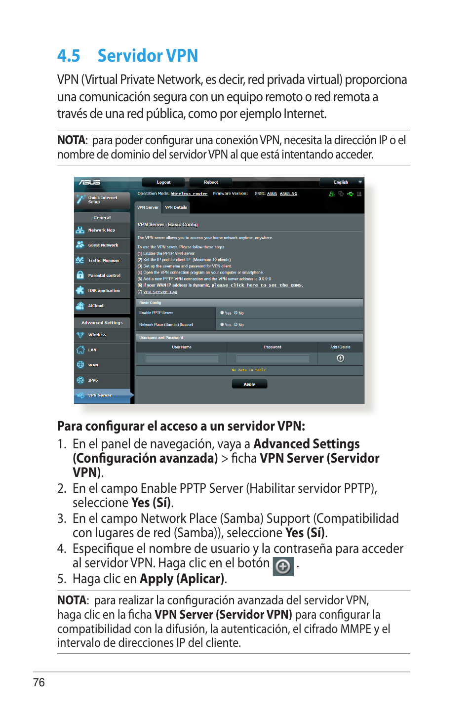 5 servidor vpn, Servidor vpn | Asus RT-AC68U User Manual | Page 76 / 128