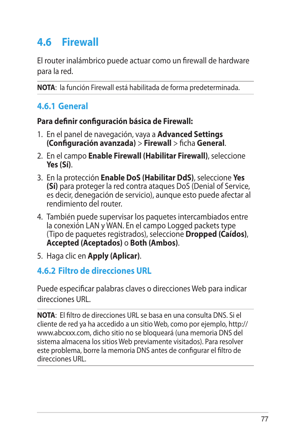 6 firewall, 1 general, 2 filtro de direcciones url | Firewall, 1 general 4.6.2 filtro de direcciones url | Asus RT-AC68U User Manual | Page 77 / 128