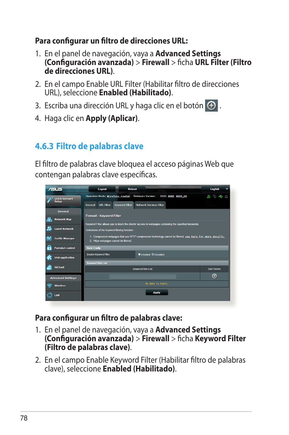 3 filtro de palabras clave | Asus RT-AC68U User Manual | Page 78 / 128