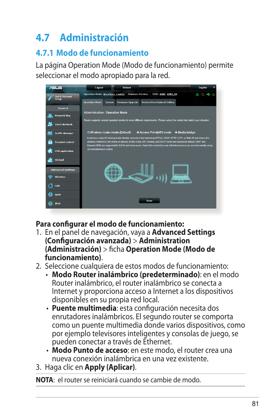 7 administración, 1 modo de funcionamiento, Administración | Asus RT-AC68U User Manual | Page 81 / 128