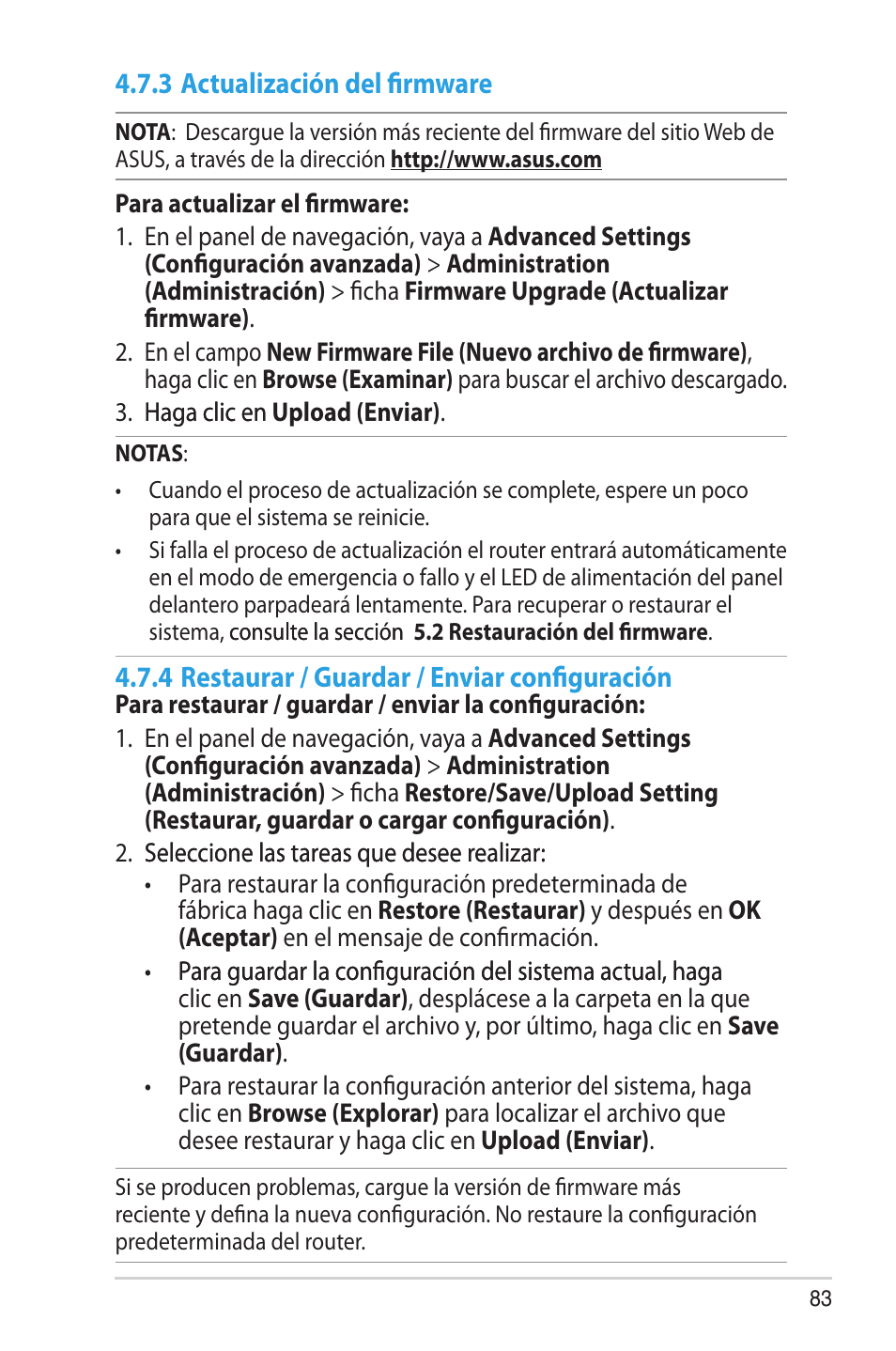 3 actualización del firmware, 4 restaurar / guardar / enviar configuración | Asus RT-AC68U User Manual | Page 83 / 128