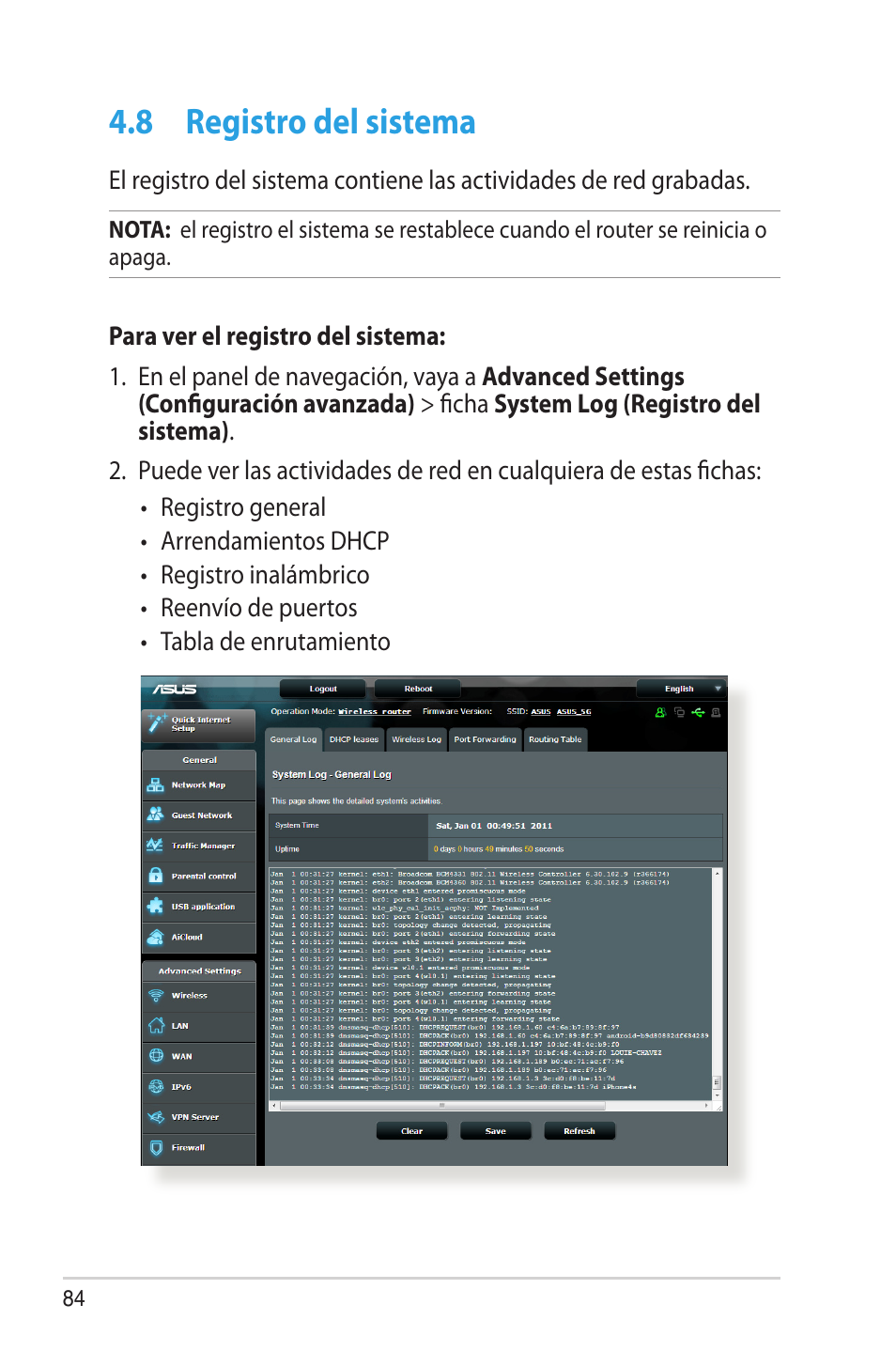 8 registro del sistema, Registro del sistema | Asus RT-AC68U User Manual | Page 84 / 128