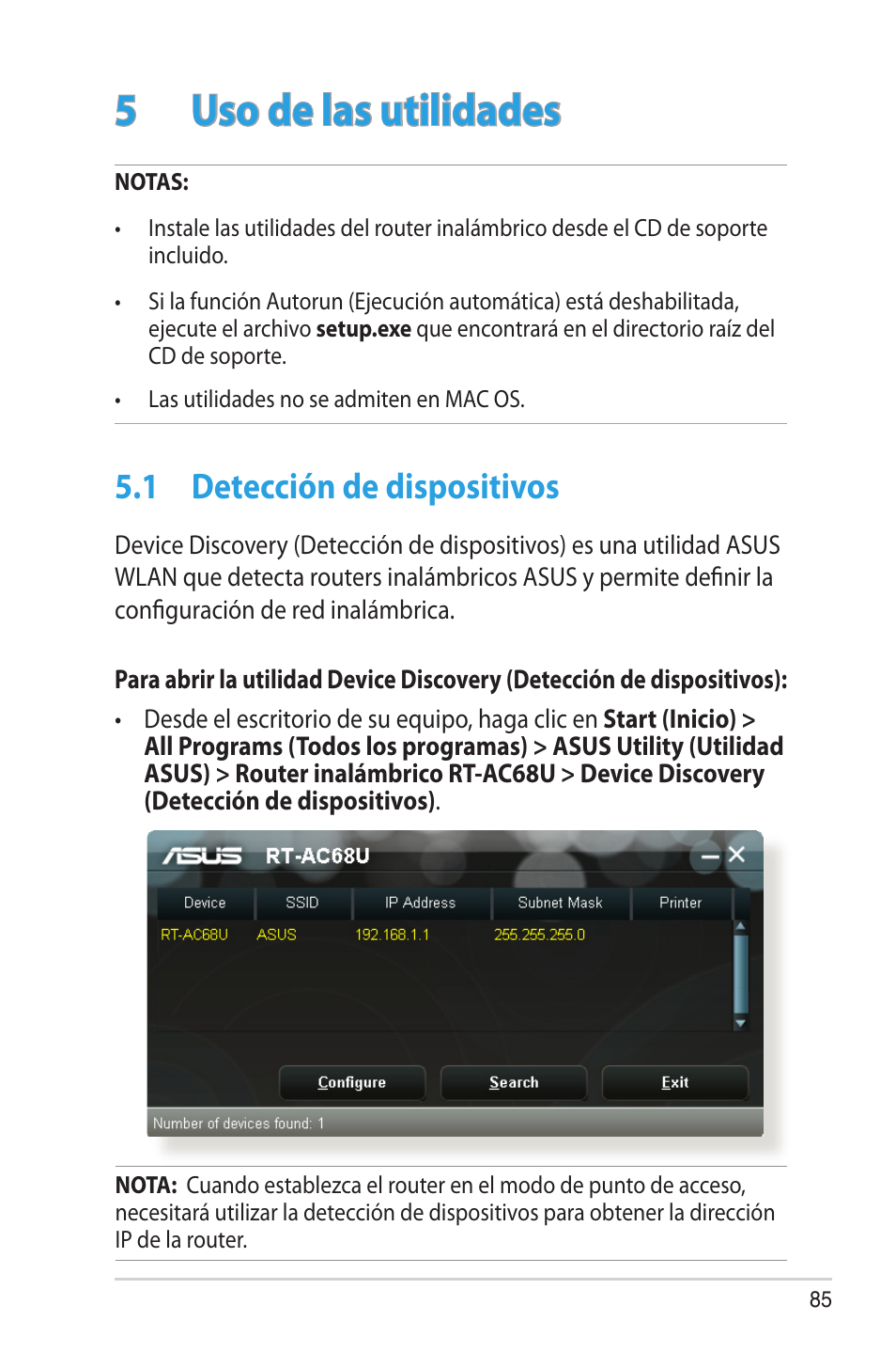 5 uso de las utilidades, 1 detección de dispositivos, Uso de las utilidades | Detección de dispositivos | Asus RT-AC68U User Manual | Page 85 / 128