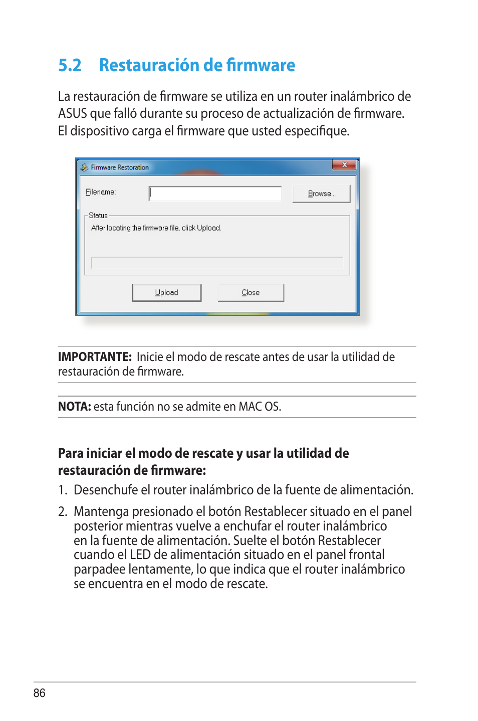 2 restauración de firmware, Restauración de firmware | Asus RT-AC68U User Manual | Page 86 / 128