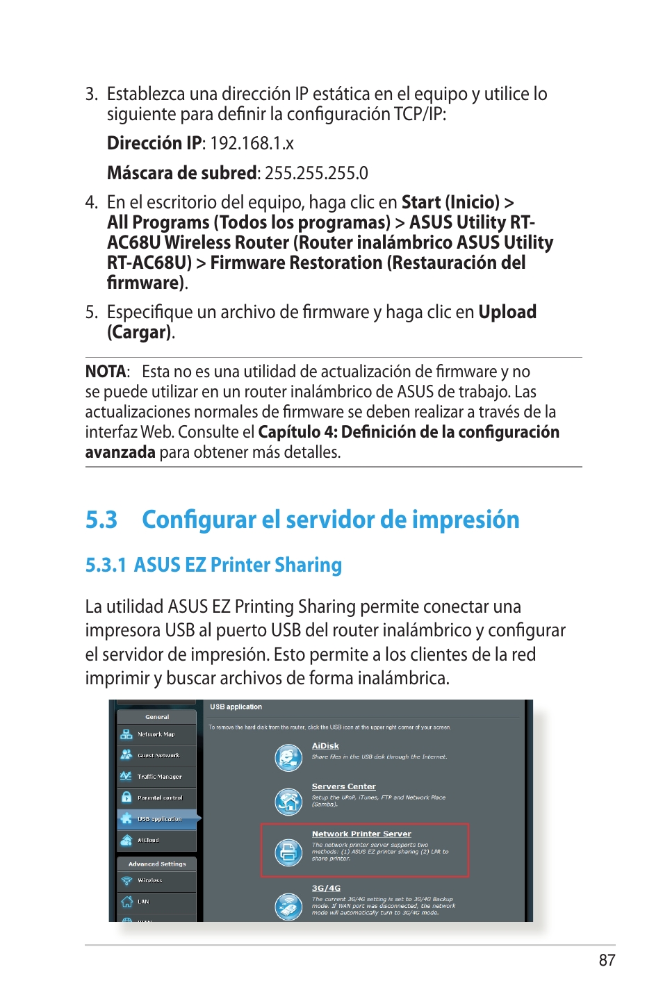 3 configurar el servidor de impresión, 1 asus ez printer sharing, Configurar el servidor de impresión | Asus RT-AC68U User Manual | Page 87 / 128