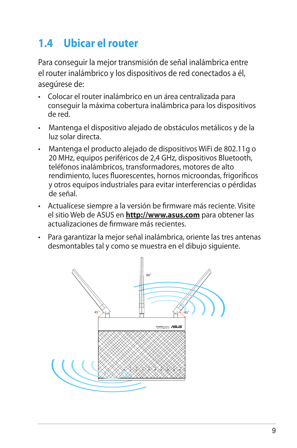 4 ubicar el router, Ubicar el router | Asus RT-AC68U User Manual | Page 9 / 128