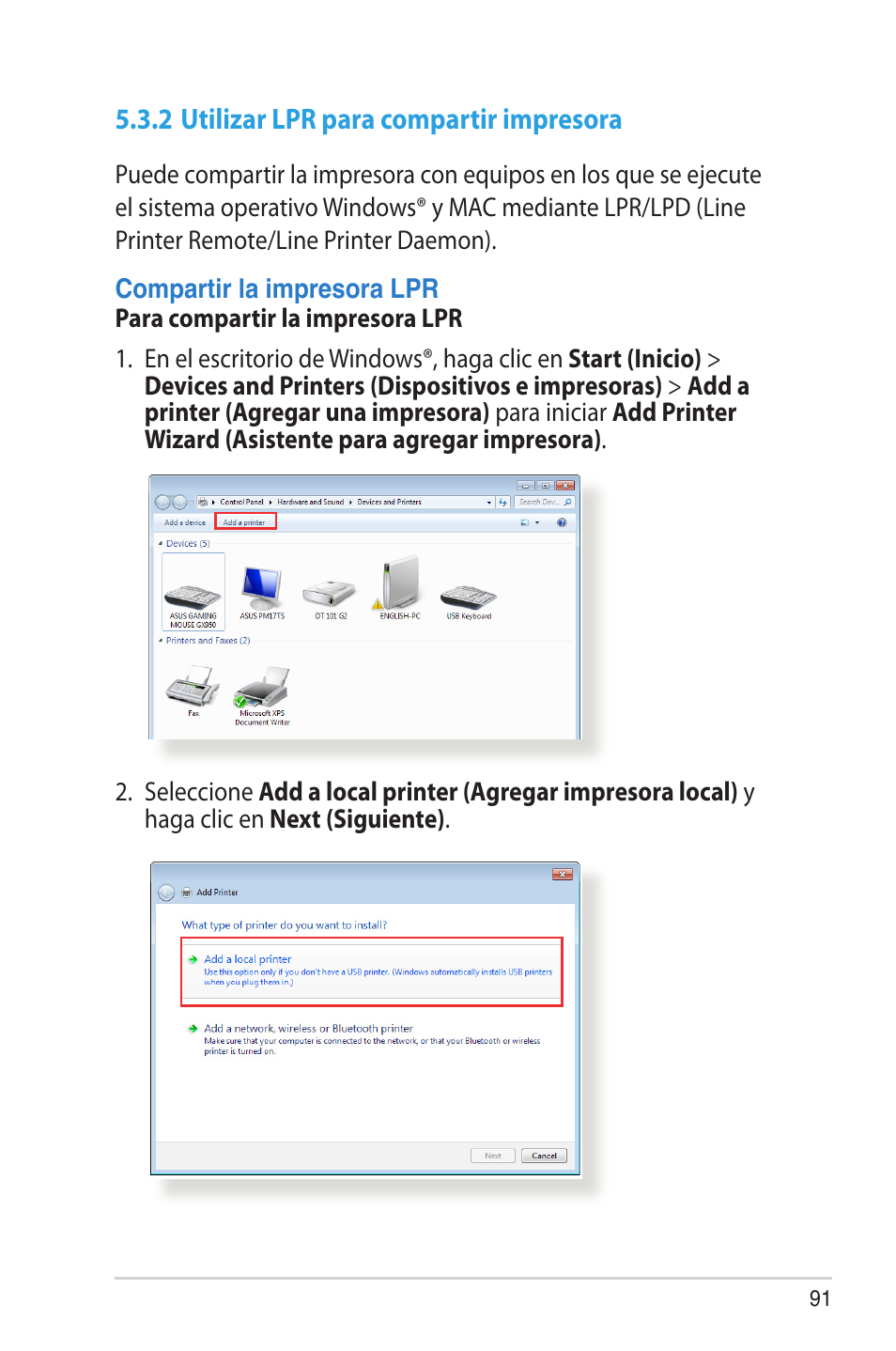 2 utilizar lpr para compartir impresora | Asus RT-AC68U User Manual | Page 91 / 128