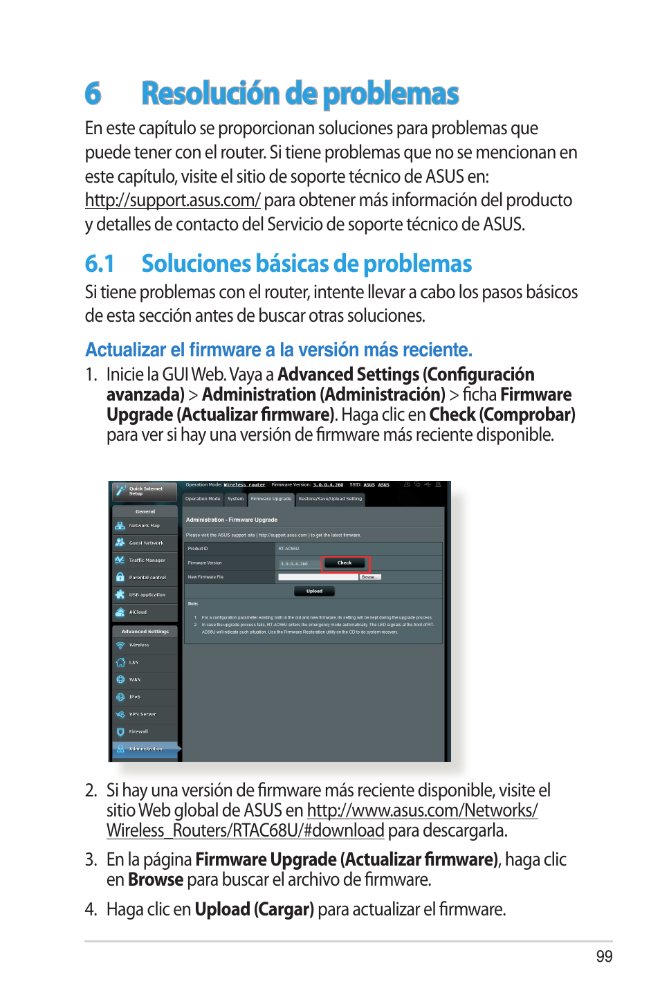 6 resolución de problemas, 1 soluciones básicas de problemas, Resolución de problemas | Soluciones básicas de problemas | Asus RT-AC68U User Manual | Page 99 / 128