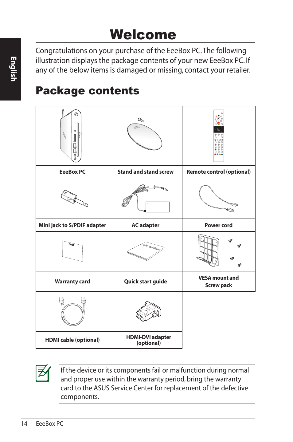 Welcome, Package contents, English | Asus EB1501P User Manual | Page 14 / 50