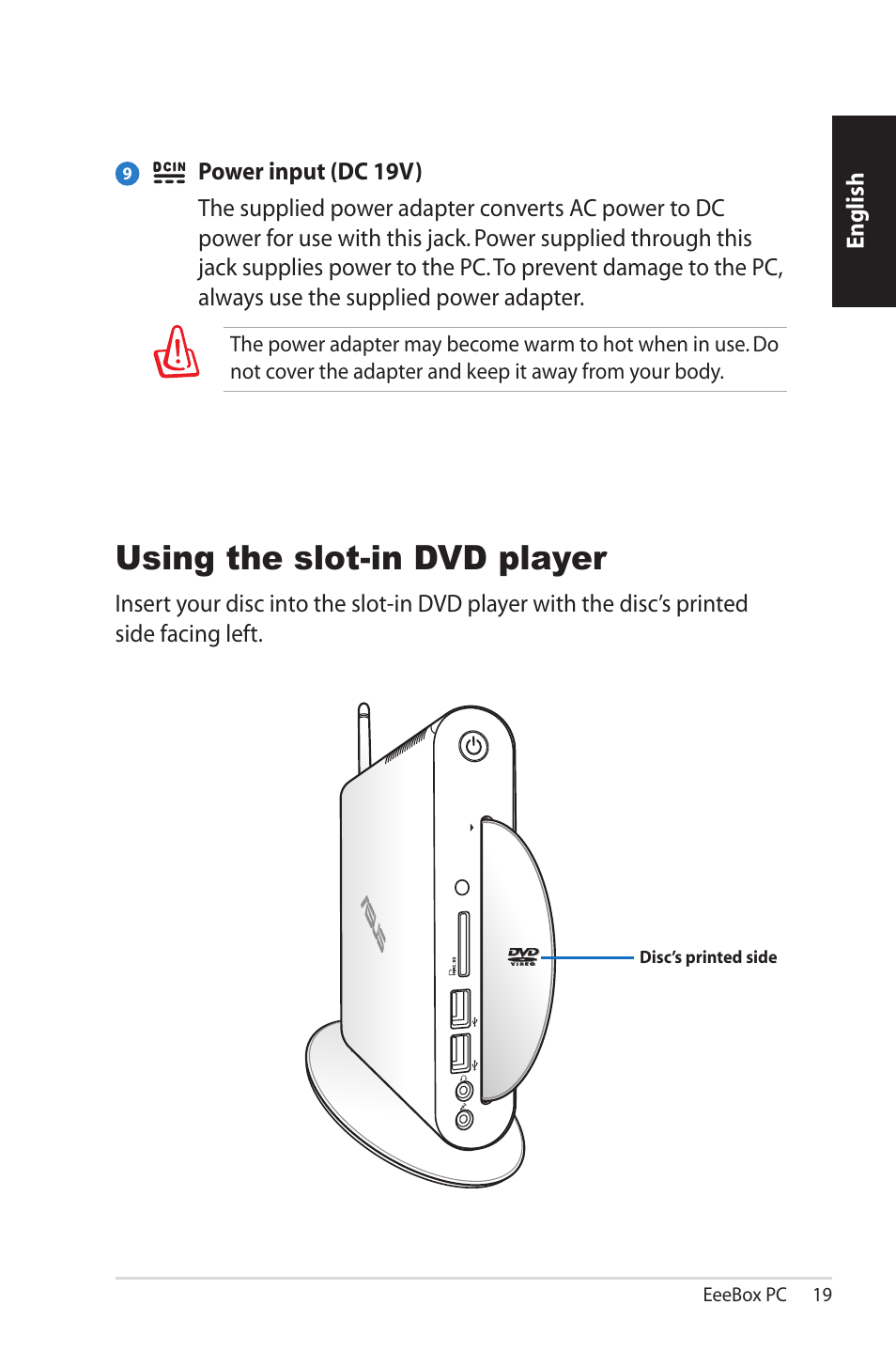 Using the slot-in dvd player | Asus EB1501P User Manual | Page 19 / 50