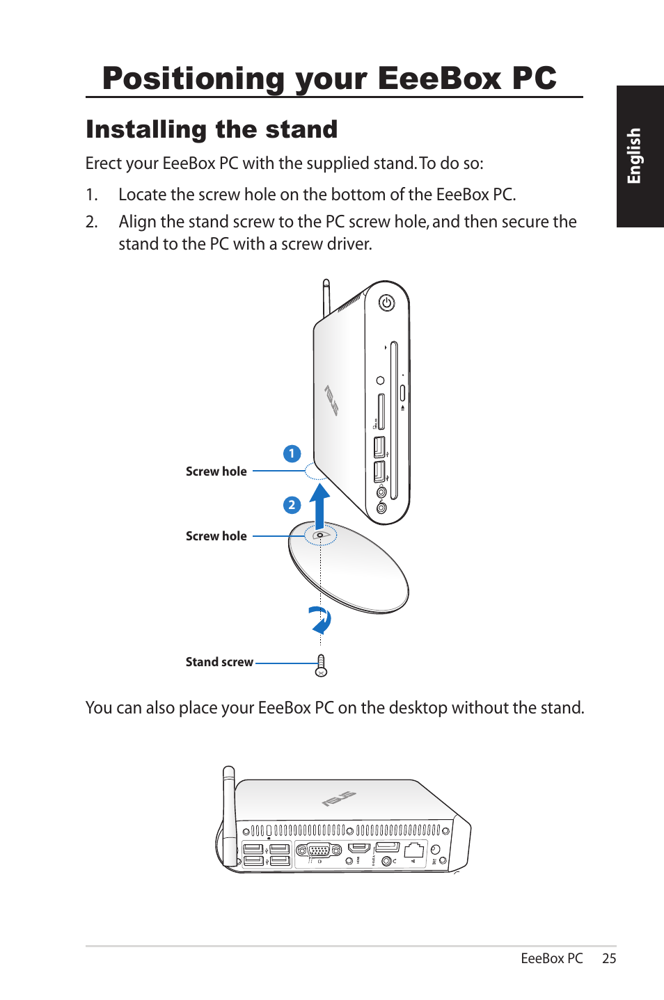 Positioning your eeebox pc, Installing the stand, English | Asus EB1501P User Manual | Page 25 / 50