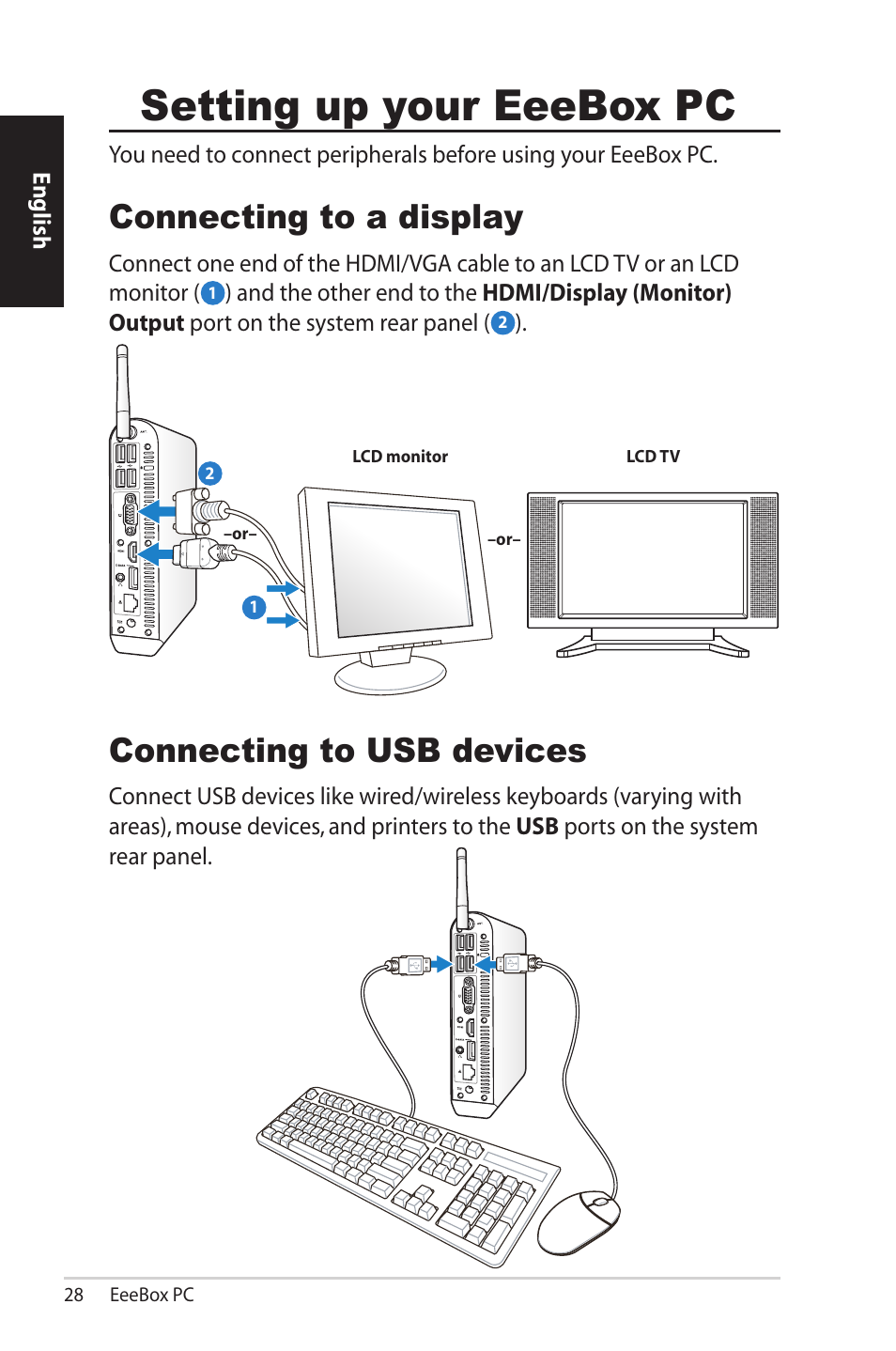Setting up your eeebox pc, Connecting to a display, Connecting to usb devices | Asus EB1501P User Manual | Page 28 / 50