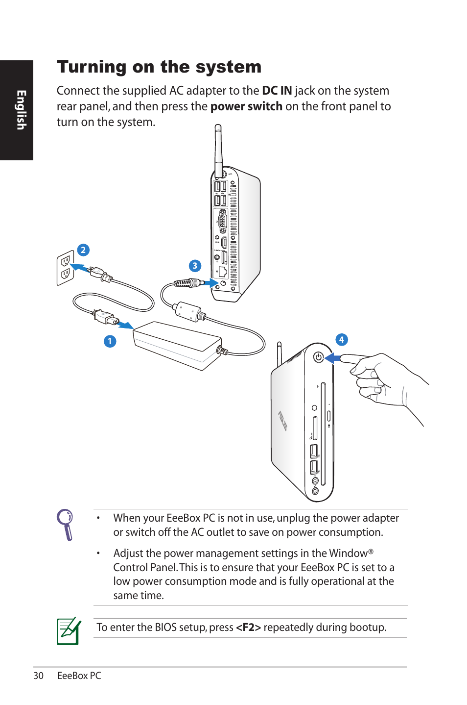 Turning on the system | Asus EB1501P User Manual | Page 30 / 50