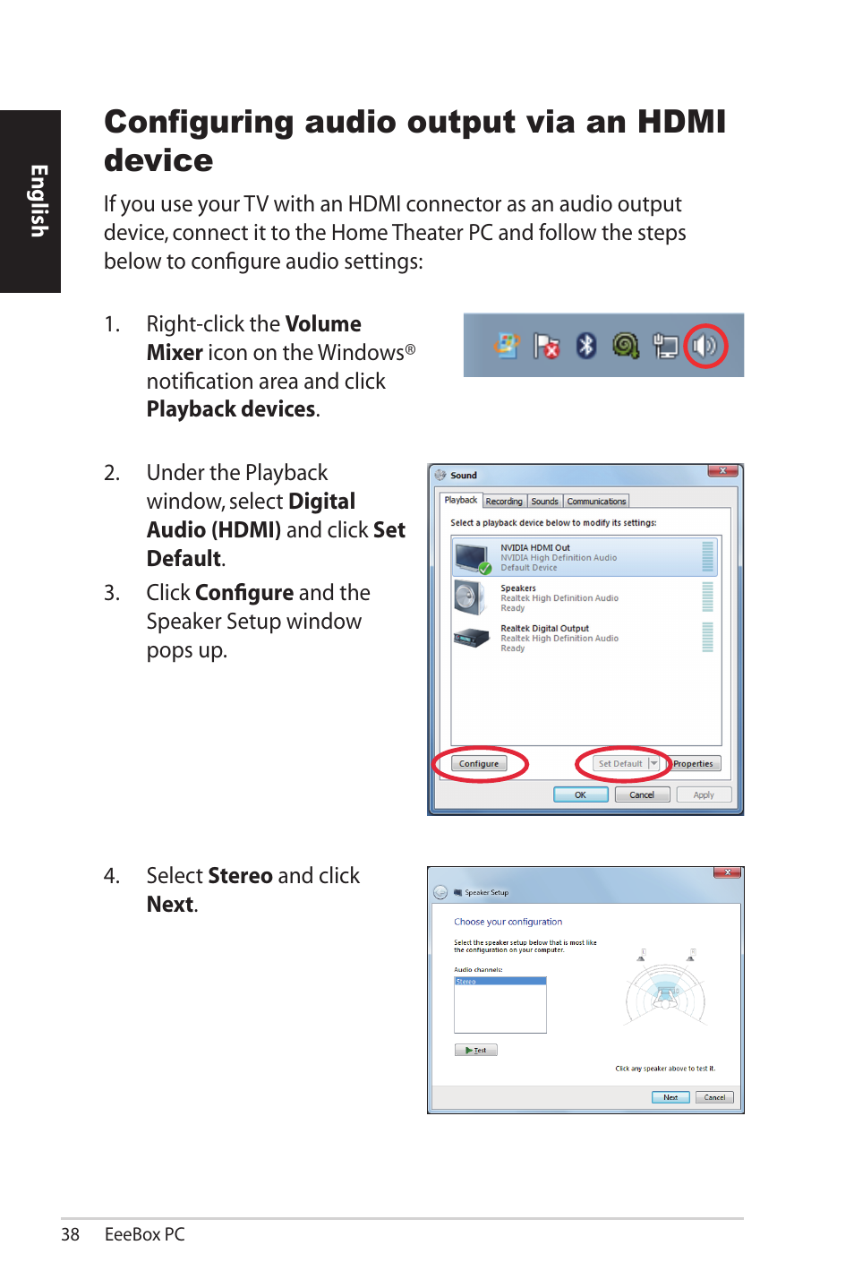 Configuring audio output via an hdmi device | Asus EB1501P User Manual | Page 38 / 50