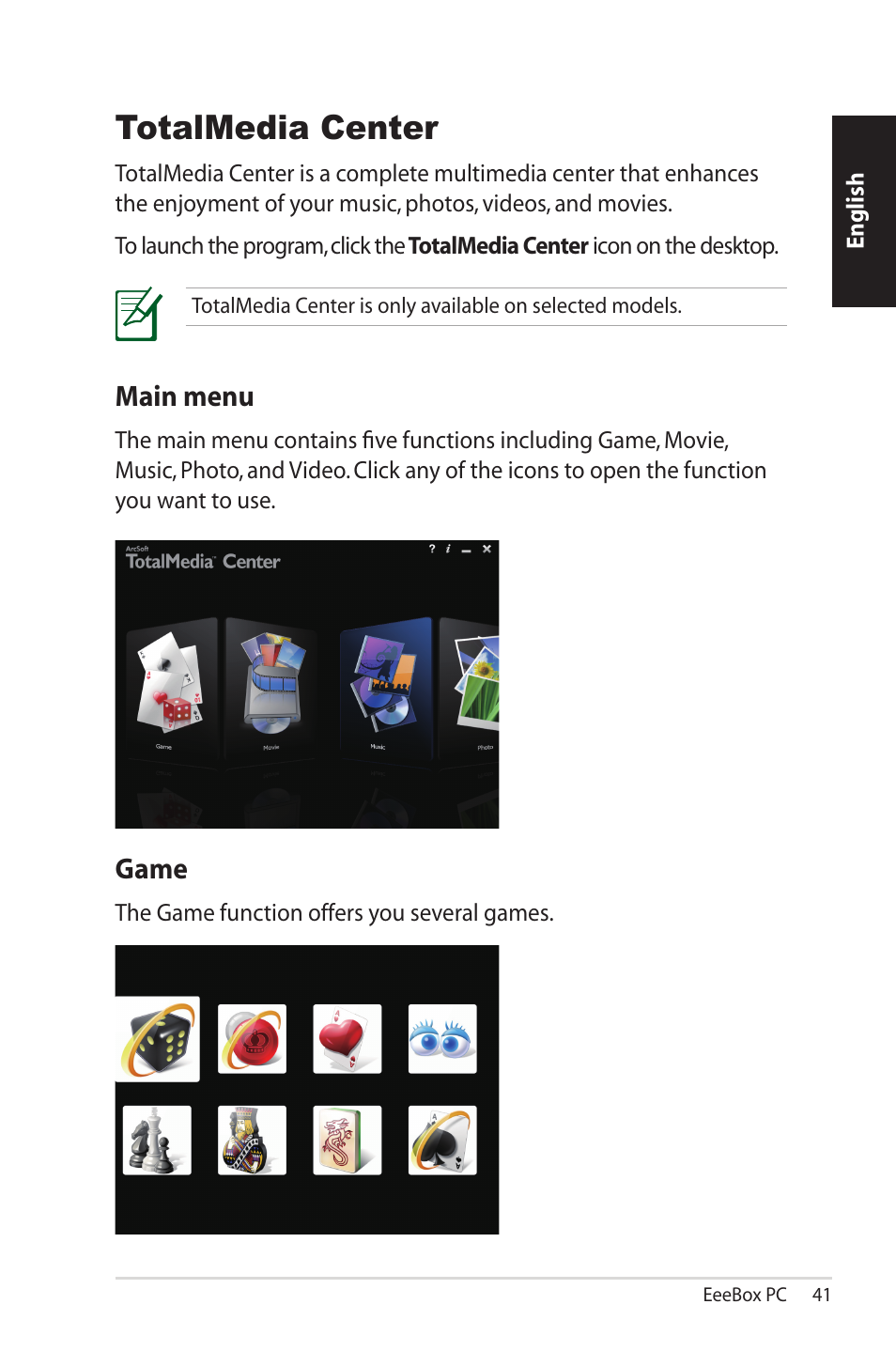 Totalmedia center, Main menu, Game | Asus EB1501P User Manual | Page 41 / 50