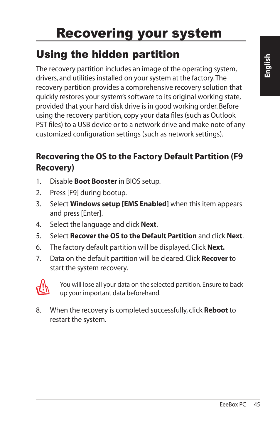 Recovering your system, Using the hidden partition | Asus EB1501P User Manual | Page 45 / 50