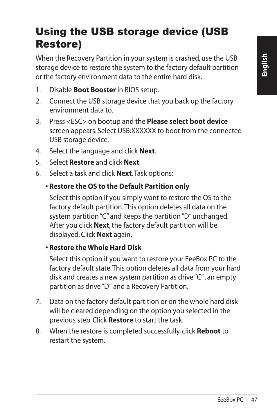 Using the usb storage device (usb restore) | Asus EB1501P User Manual | Page 47 / 50