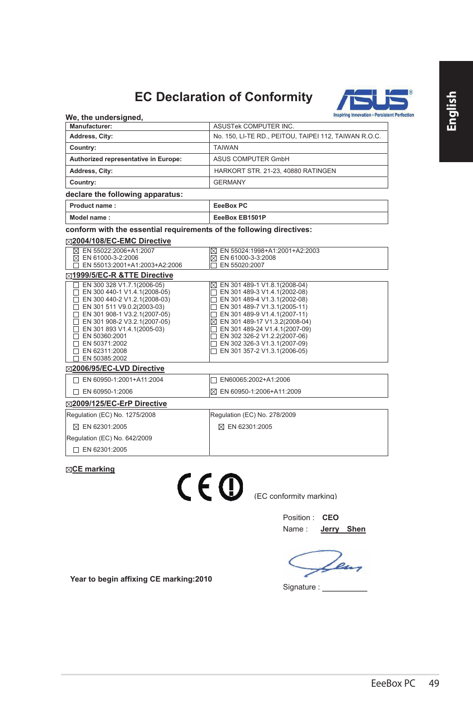 English, Ec declaration of conformity, Eeebox pc 49 | Asus EB1501P User Manual | Page 49 / 50