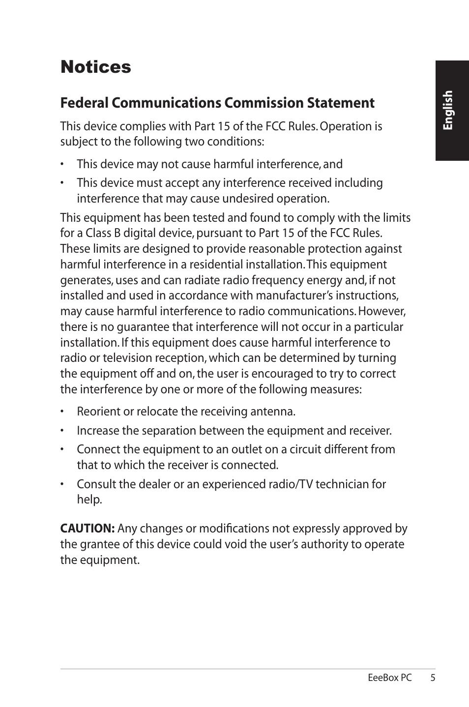 Notices, Federal communications commission statement | Asus EB1501P User Manual | Page 5 / 50