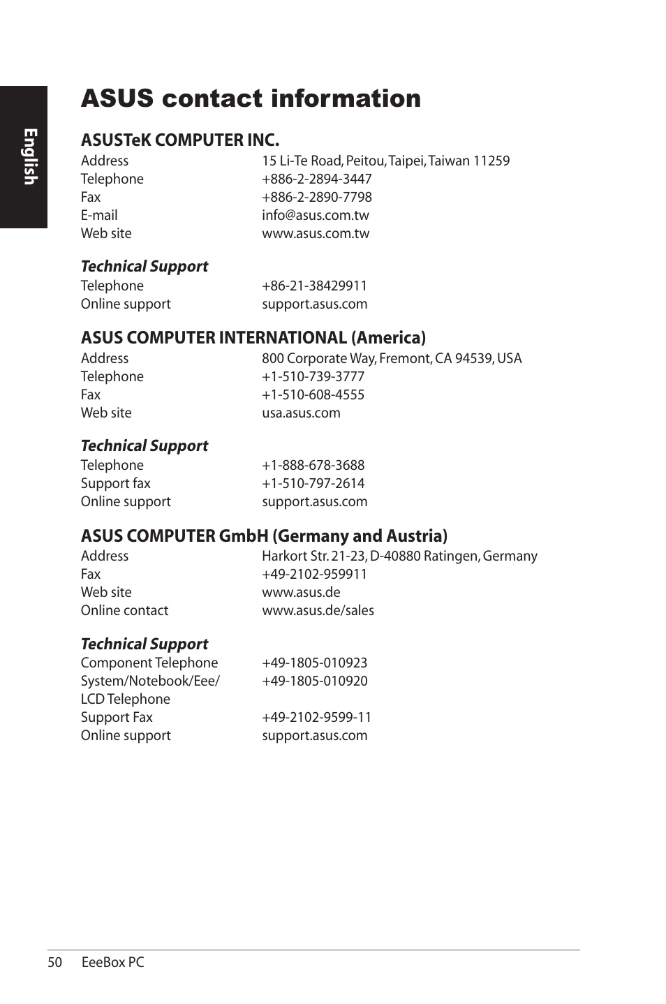 Asus contact information, English, Asustek computer inc | Asus computer international (america), Asus computer gmbh (germany and austria) | Asus EB1501P User Manual | Page 50 / 50