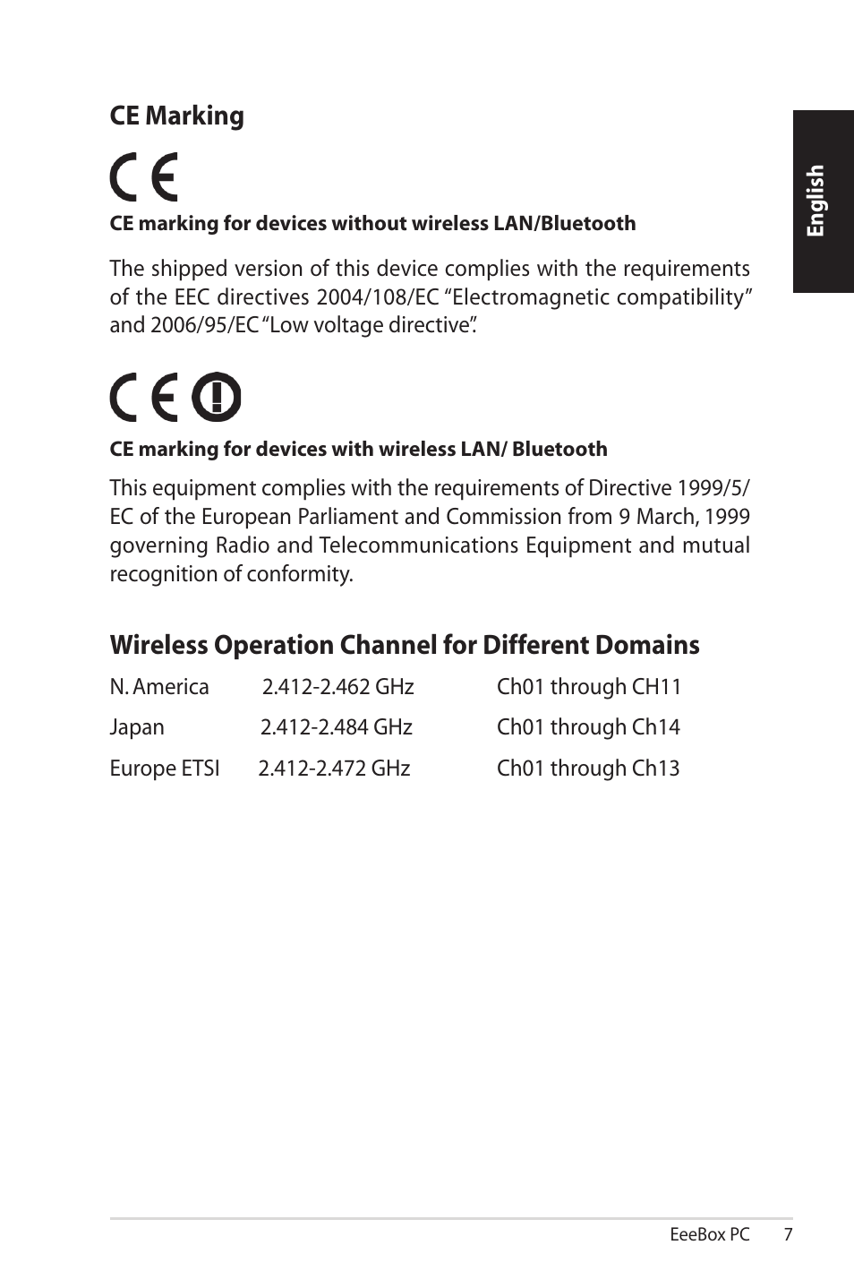 Ce marking, Wireless operation channel for different domains | Asus EB1501P User Manual | Page 7 / 50