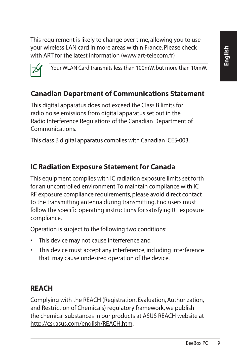 Canadian department of communications statement, Ic radiation exposure statement for canada, Reach | Asus EB1501P User Manual | Page 9 / 50