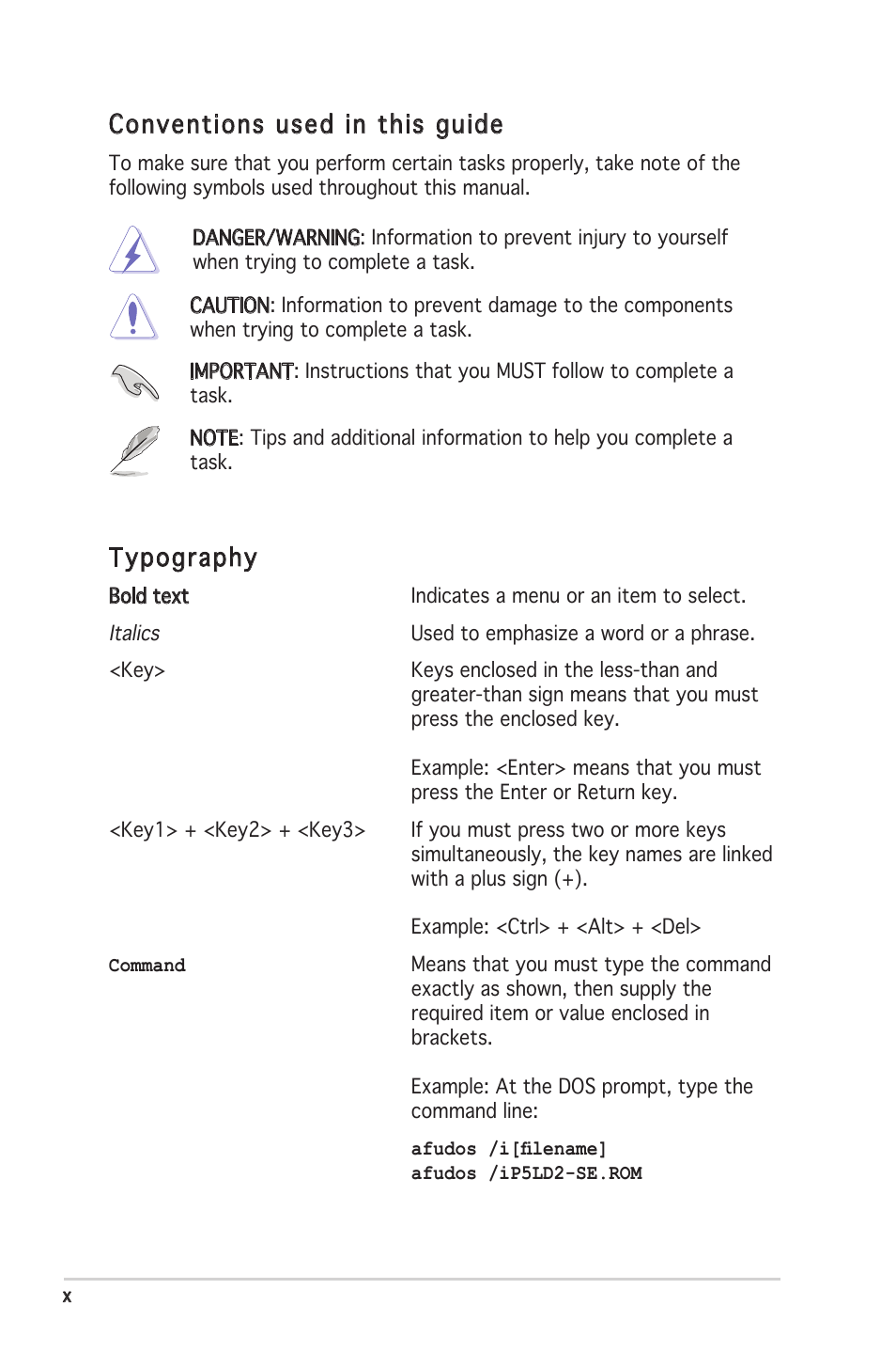 Conventions used in this guide, Typography | Asus P5LD2 SE User Manual | Page 10 / 120