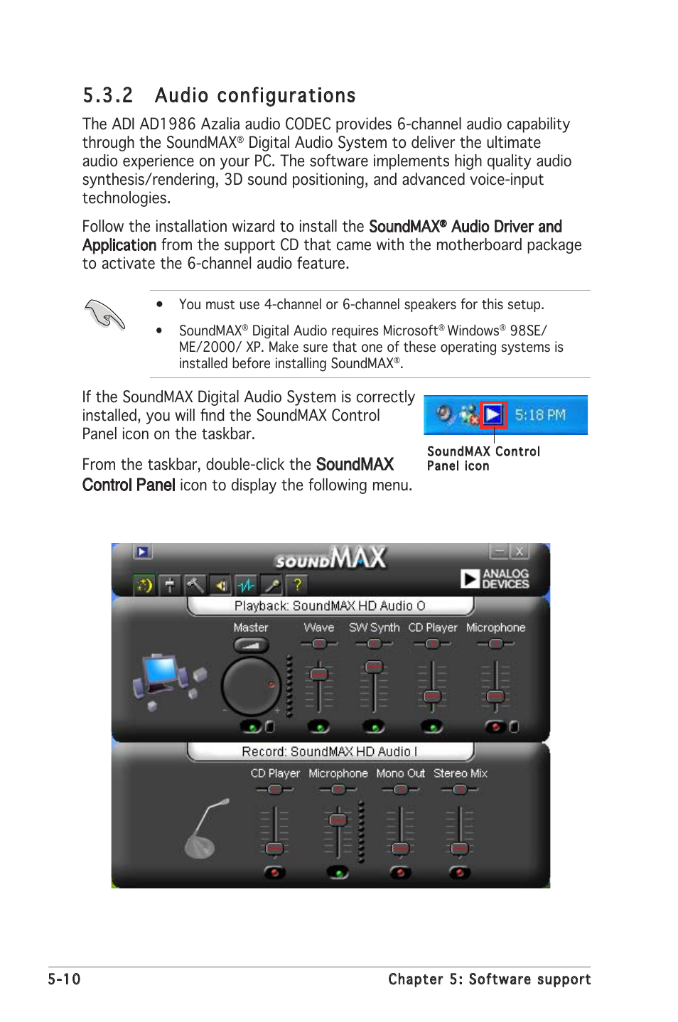 2 audio configurations, Soundmax control panel | Asus P5LD2 SE User Manual | Page 112 / 120