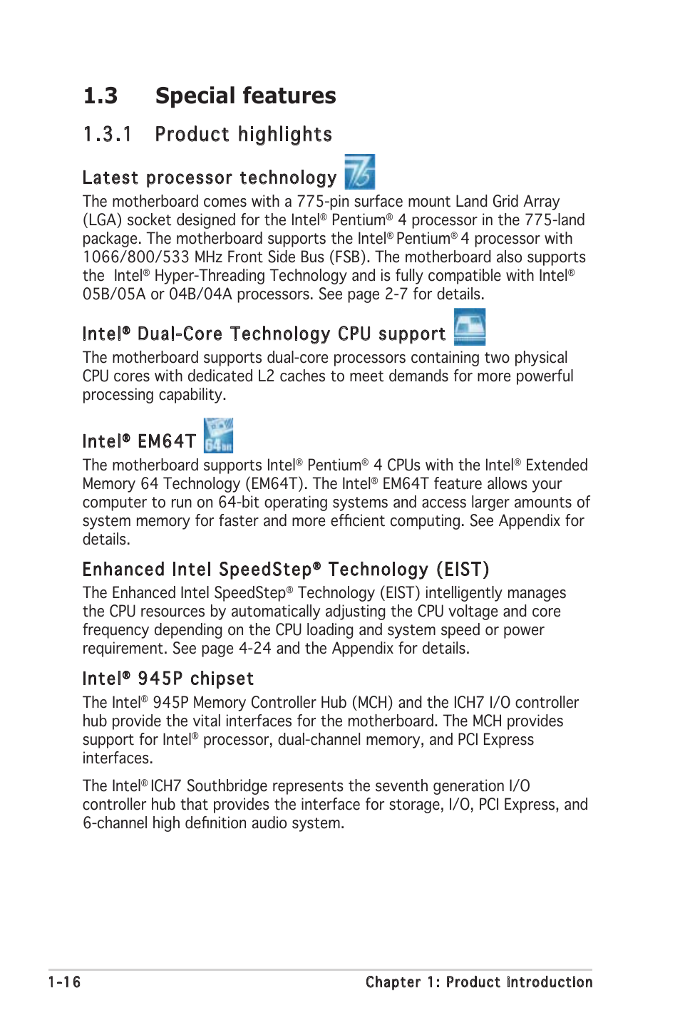 3 special features, 1 product highlights, Latest processor technology | Intel, Dual-core technology cpu support, Em64t, Enhanced intel speedstep, Technology (eist), 945p chipset | Asus P5LD2 SE User Manual | Page 16 / 120