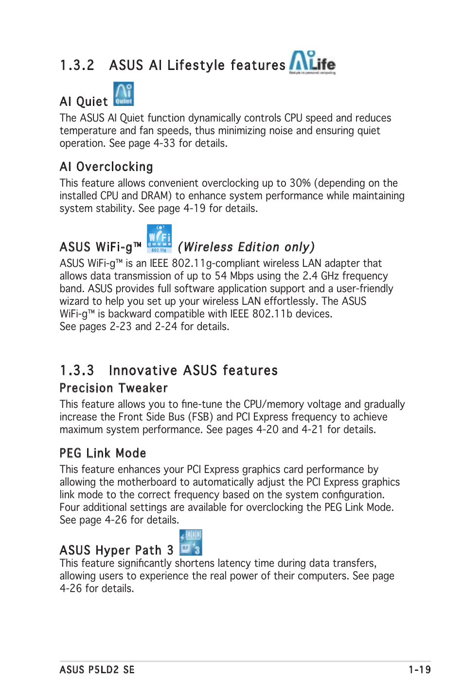 2 asus ai lifestyle features, 3 innovative asus features | Asus P5LD2 SE User Manual | Page 19 / 120