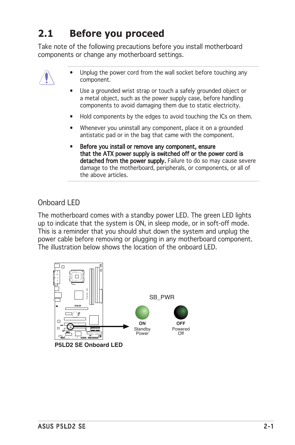 1 before you proceed, Onboard led | Asus P5LD2 SE User Manual | Page 23 / 120