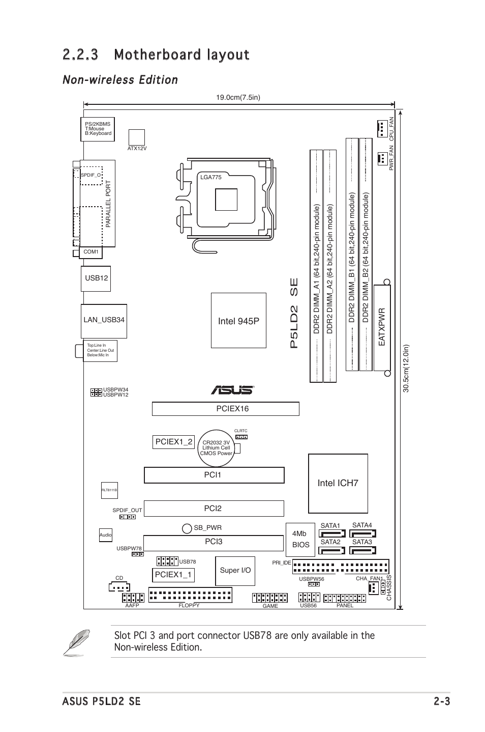 3 motherboard layout, Non-wireless edition, Asus p5ld2 se 2-3 | Intel 945p intel ich7, P5ld2 se, Ea txpwr | Asus P5LD2 SE User Manual | Page 25 / 120