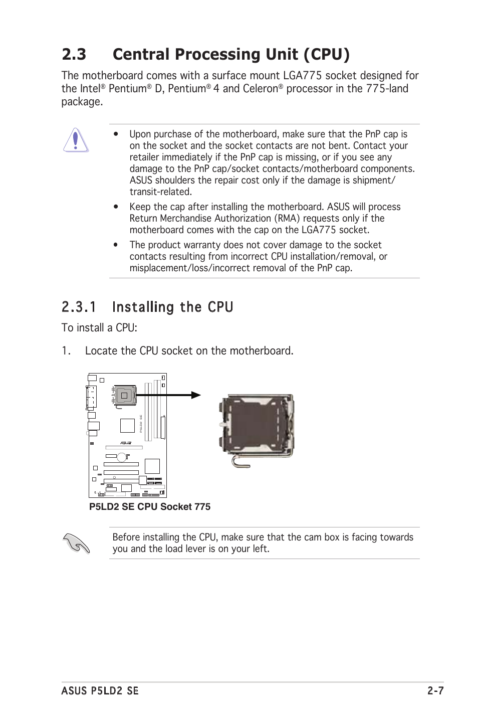 3 central processing unit (cpu), 1 installing the cpu | Asus P5LD2 SE User Manual | Page 29 / 120