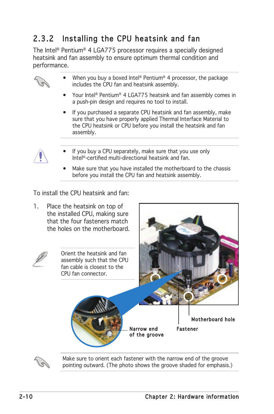 2 installing the cpu heatsink and fan | Asus P5LD2 SE User Manual | Page 32 / 120