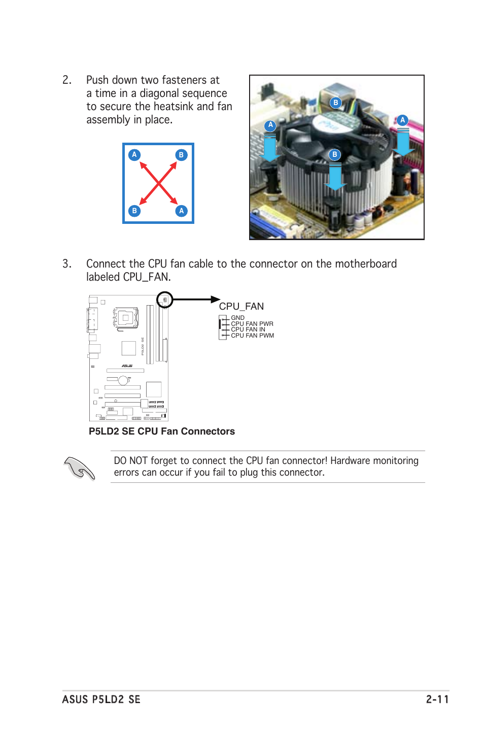 Cpu_fan, P5ld2 se cpu fan connectors | Asus P5LD2 SE User Manual | Page 33 / 120