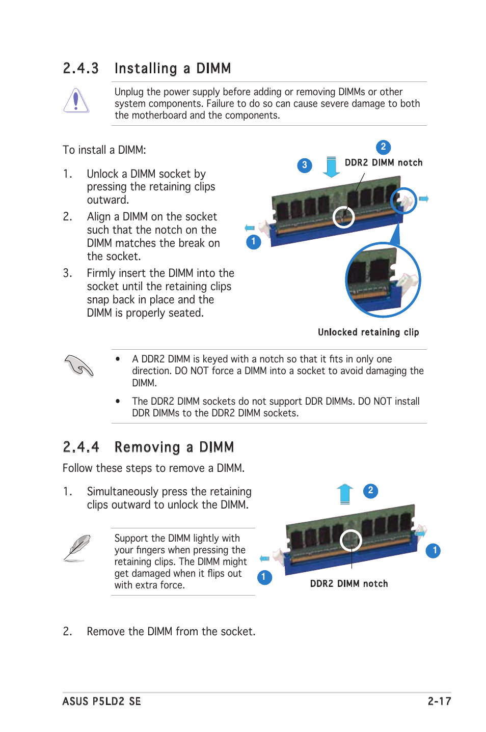 3 installing a dimm, 4 removing a dimm | Asus P5LD2 SE User Manual | Page 39 / 120