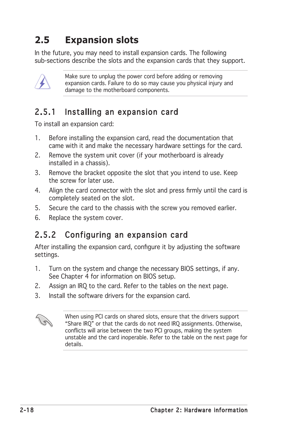 5 expansion slots, 1 installing an expansion card, 2 configuring an expansion card | Asus P5LD2 SE User Manual | Page 40 / 120