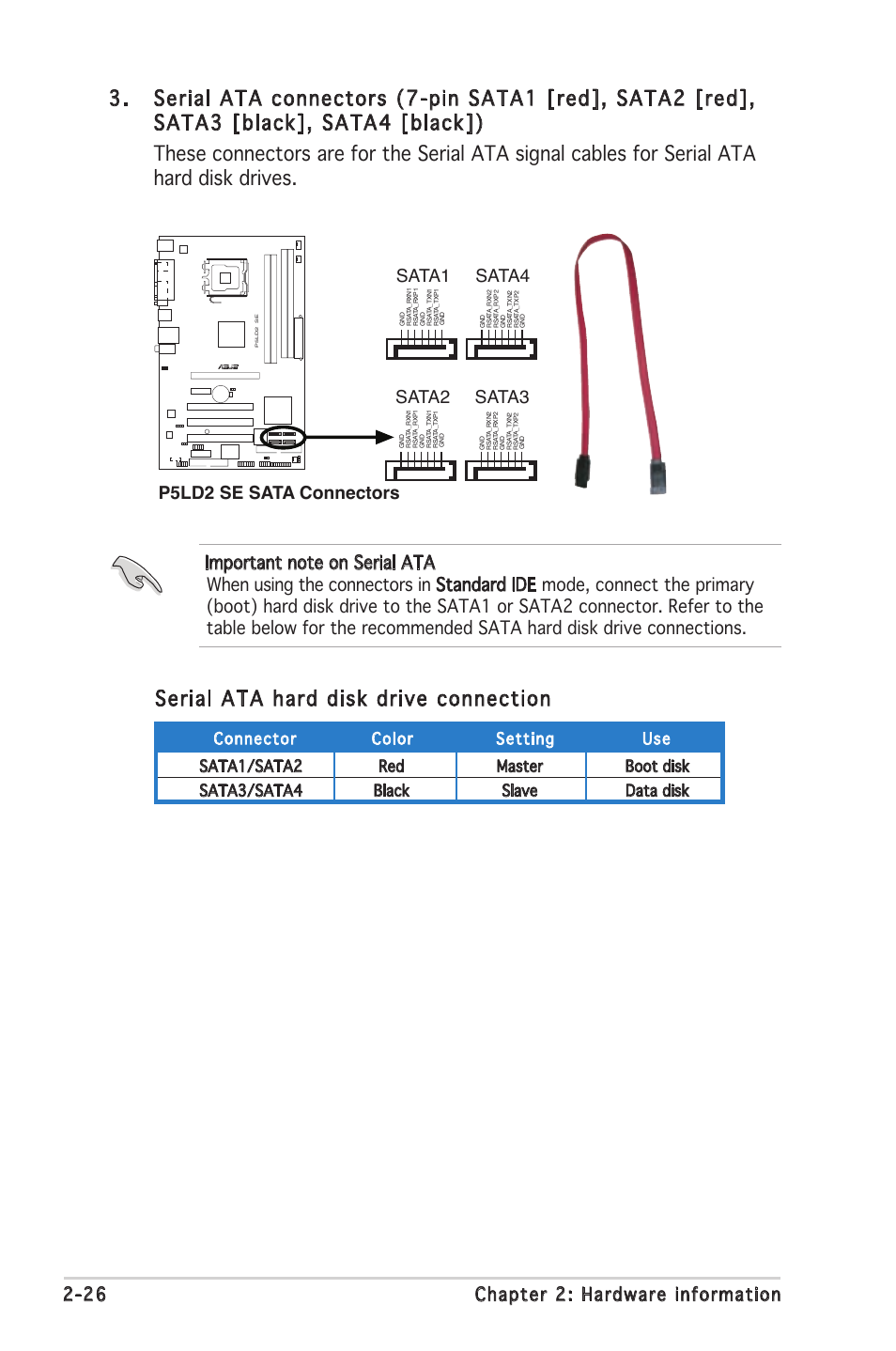 Serial ata hard disk drive connection, 26 chapter 2: hardware information, Sata4 sata1 | Sata3 sata2, P5ld2 se sata connectors | Asus P5LD2 SE User Manual | Page 48 / 120