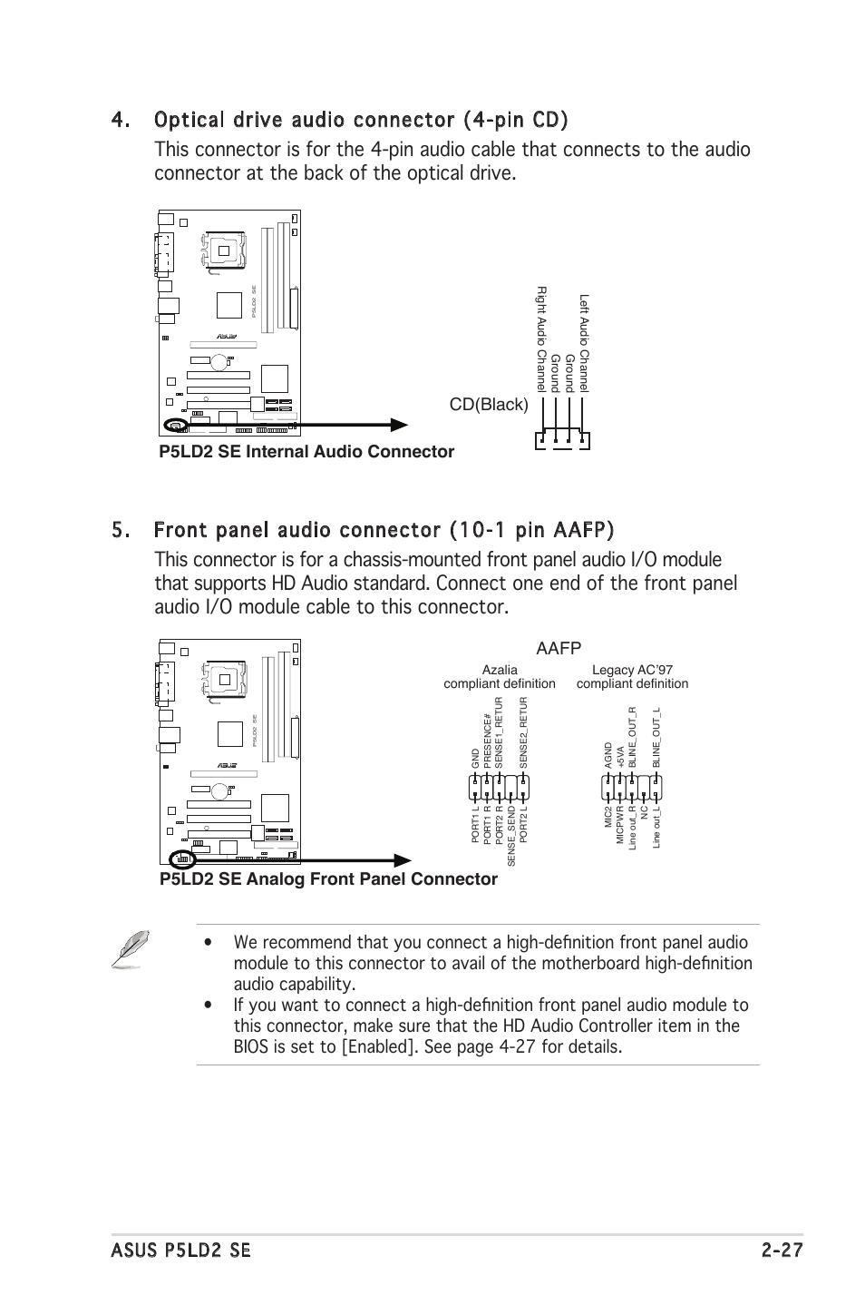 Cd(black), P5ld2 se internal audio connector, P5ld2 se analog front panel connector aafp | Asus P5LD2 SE User Manual | Page 49 / 120