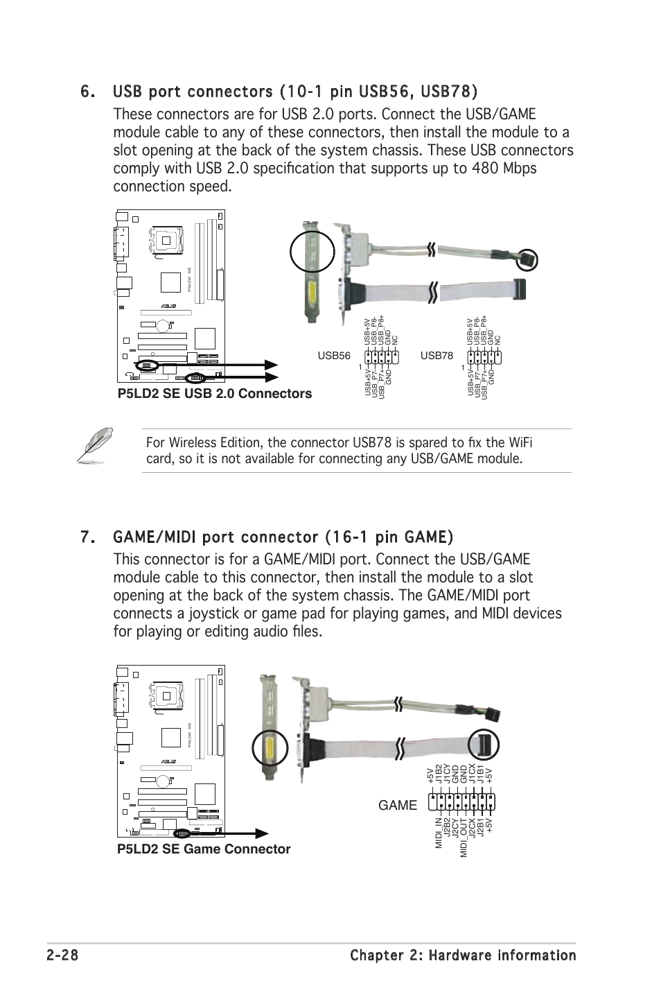 28 chapter 2: hardware information, P5ld2 se usb 2.0 connectors, Game | P5ld2 se game connector | Asus P5LD2 SE User Manual | Page 50 / 120