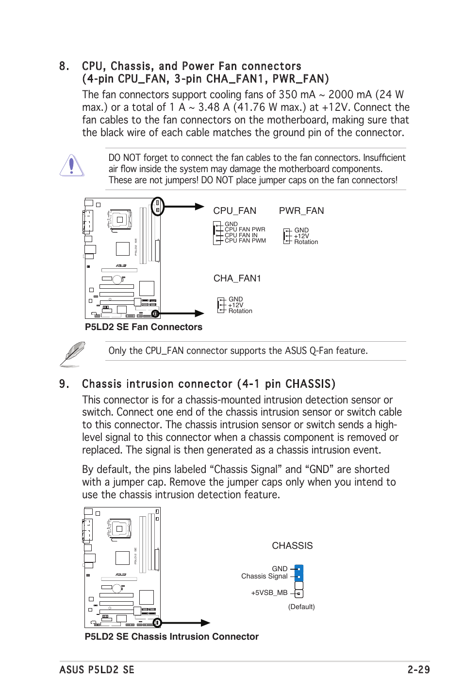 P5ld2 se chassis intrusion connector chassis, Cpu_fan pwr_fan, Cha_fan1 | P5ld2 se fan connectors | Asus P5LD2 SE User Manual | Page 51 / 120