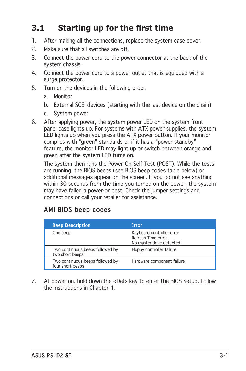 1 starting up for the first time, Ami bios beep codes | Asus P5LD2 SE User Manual | Page 57 / 120