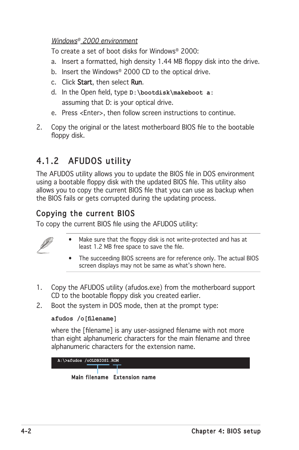 2 afudos utility, Copying the current bios | Asus P5LD2 SE User Manual | Page 62 / 120