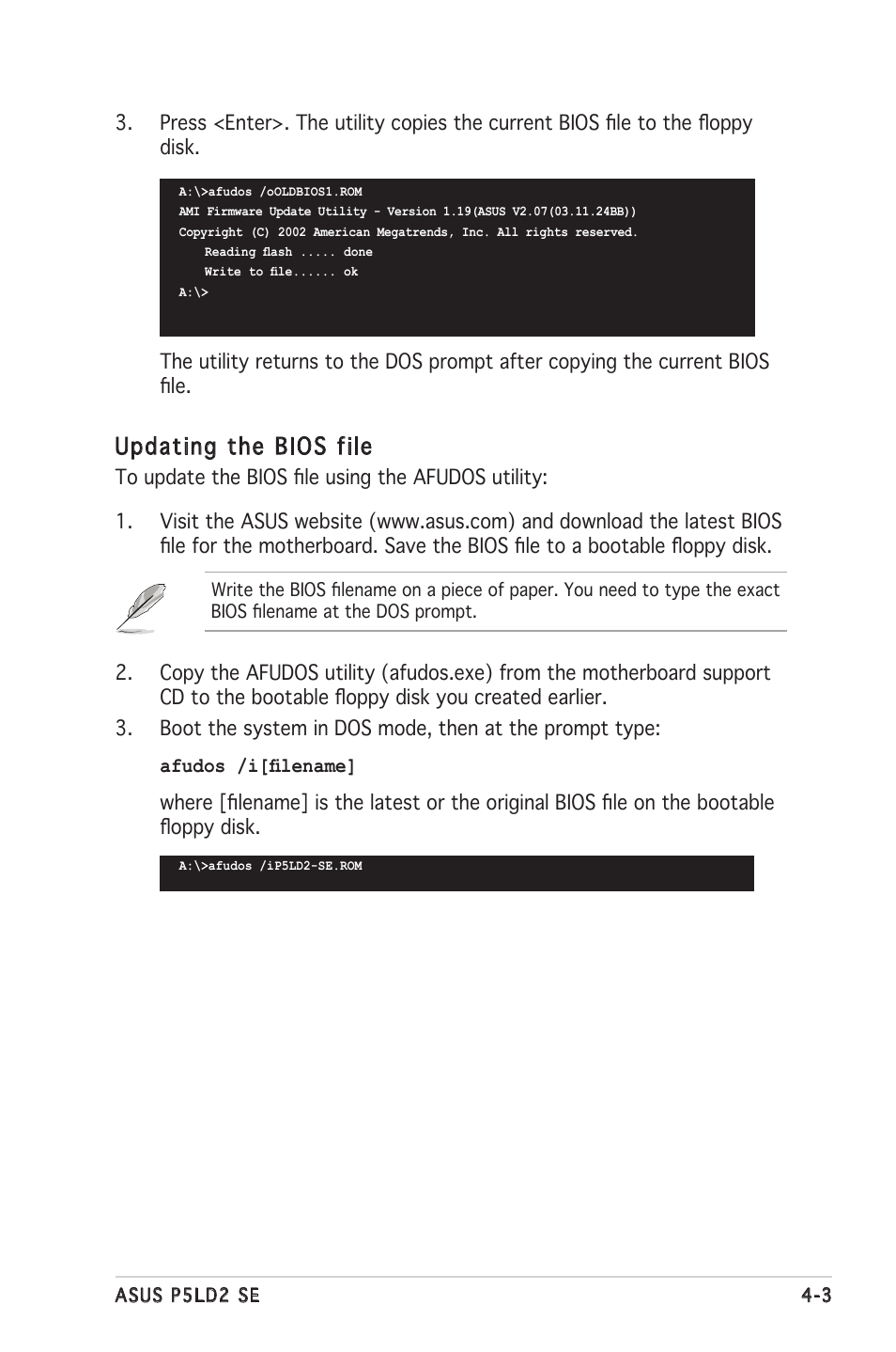 Updating the bios file | Asus P5LD2 SE User Manual | Page 63 / 120