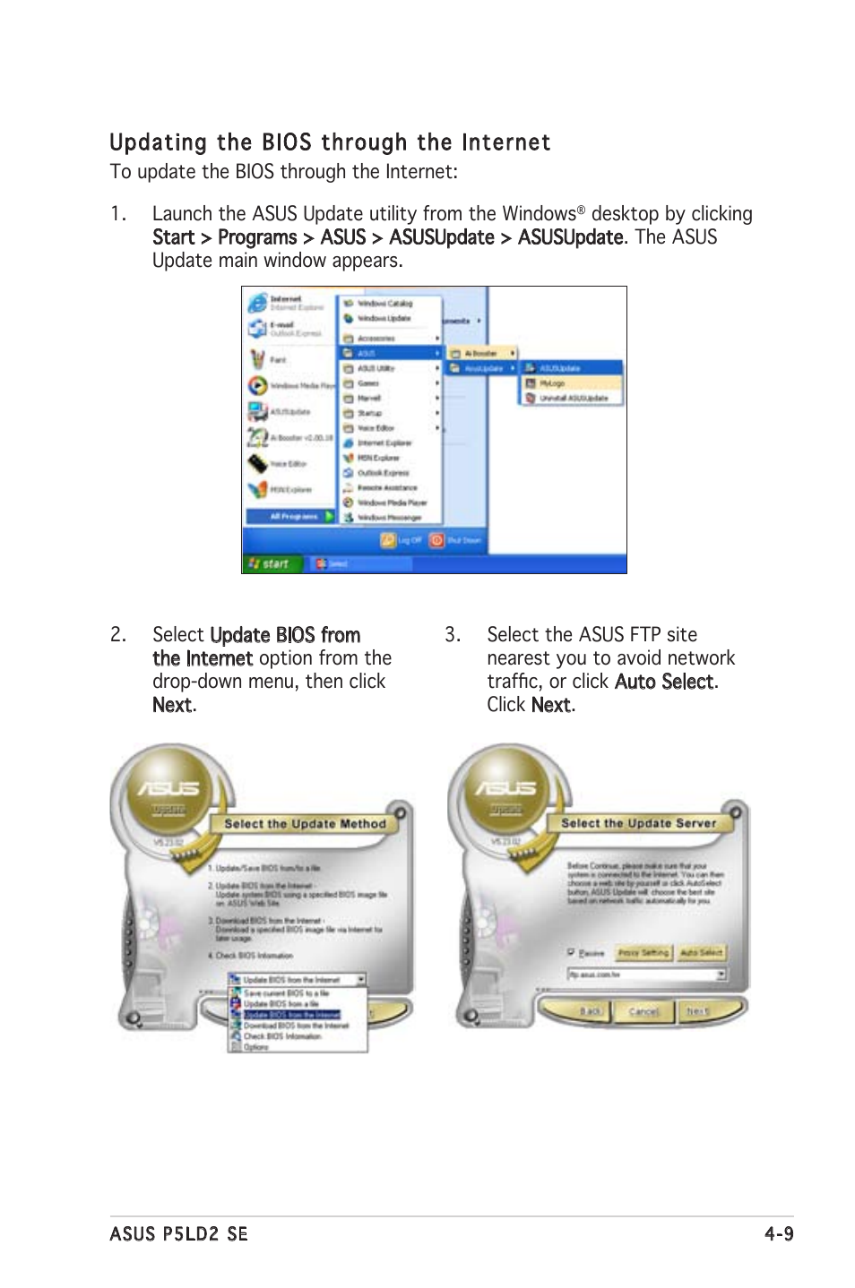 Updating the bios through the internet | Asus P5LD2 SE User Manual | Page 69 / 120