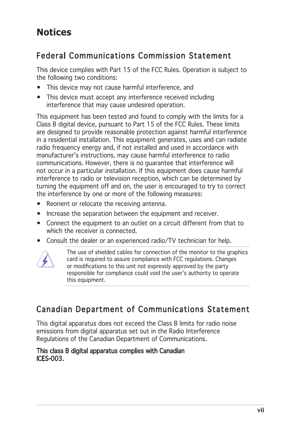 Notices, Federal communications commission statement, Canadian department of communications statement | Asus P5LD2 SE User Manual | Page 7 / 120